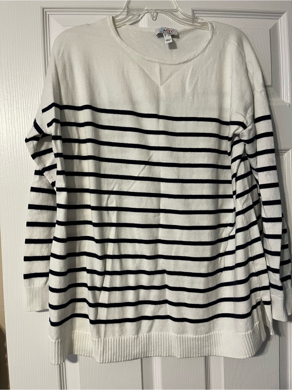 White Crewneck Sweater with Black Stripes D and Co
